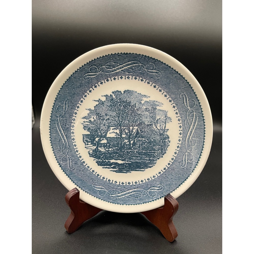 2 Vintage Currier & Ives Blue Transferware Bread Plate USA 6.25 Inch Cabin Scene